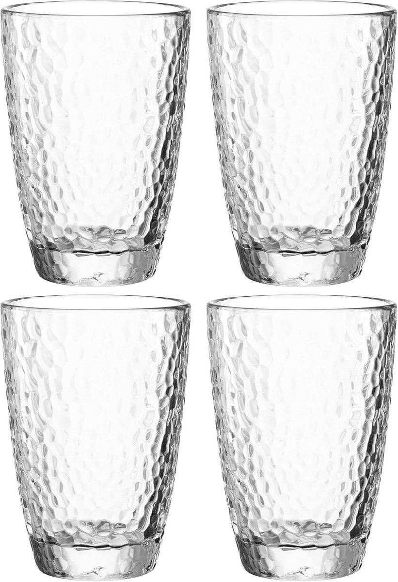 Set van 4 Drinkglazen 340ml - Robuust Glas met Hamerslag Textuur - Vaatwasserbestendig
