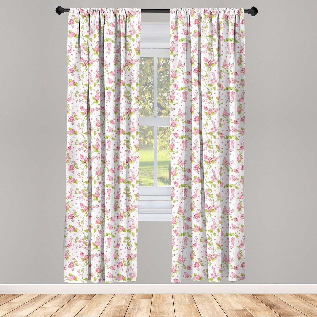 ABAKUHAUS Shabby Chic – Raamgordijnen Natuur Bloesemknoppen – 2x75x225 cm