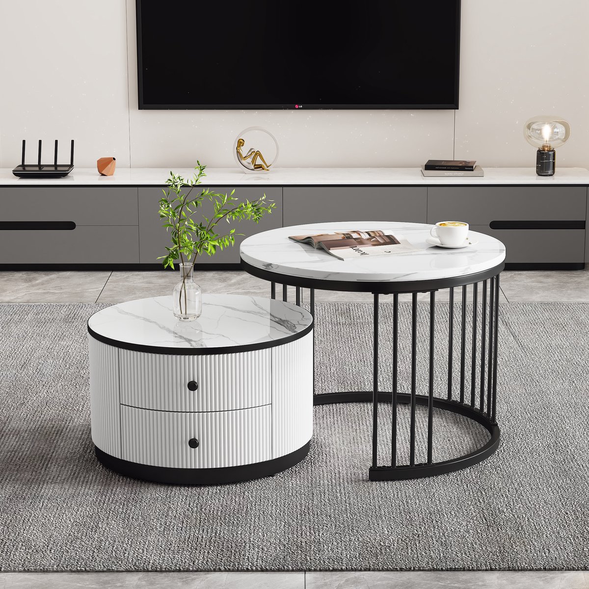 REDOM Salontafel set van 2, nesting 60x60x45.5 cm + 50x50x32 cm van MDF met hoogglans marmerlook, wit/zwart