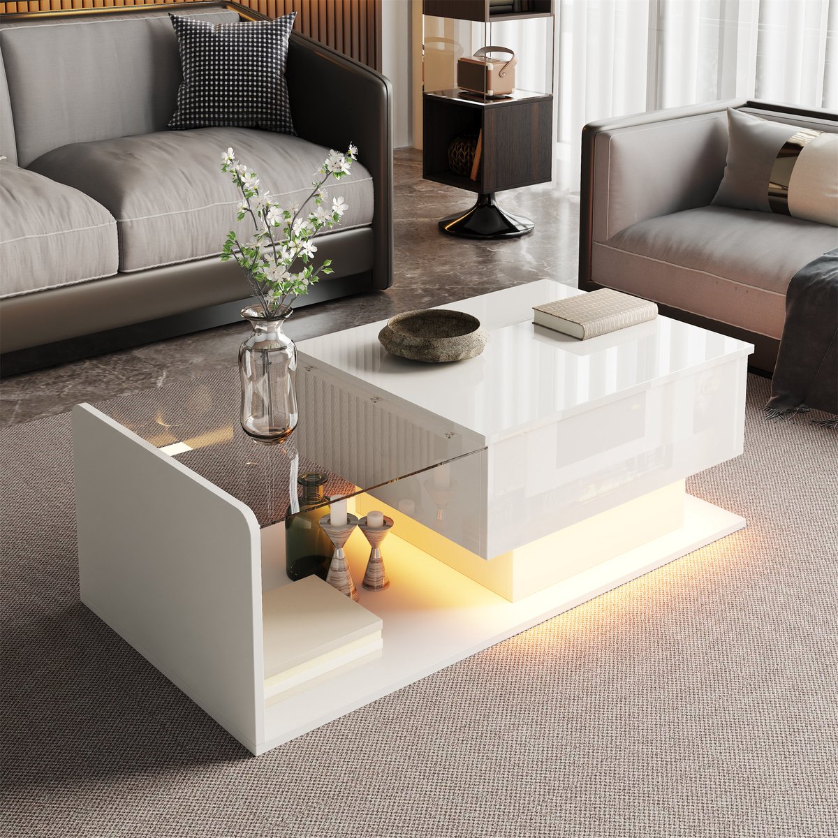 REDOM Salontafel 100 L x 50 B x 33/47,5 H van spaanplaat en gehard glas, hoogglans met LED-licht Wit