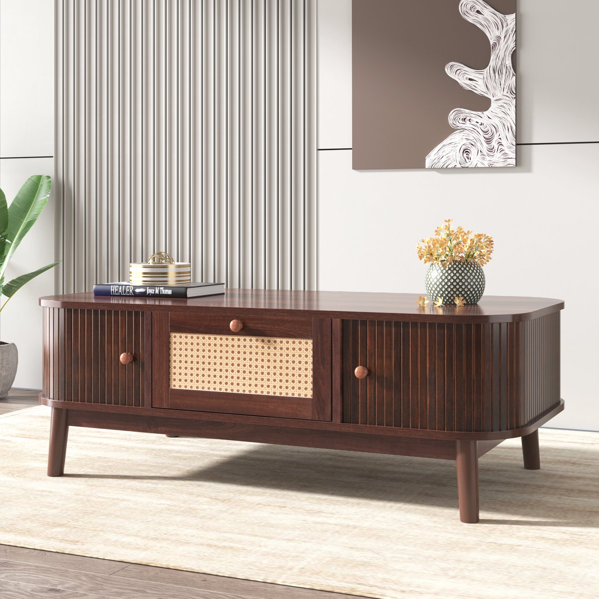 REDOM Salontafel 110x55x38,5 cm van MDF en rattan met massief houten poten, natuurlijke landelijke stijl