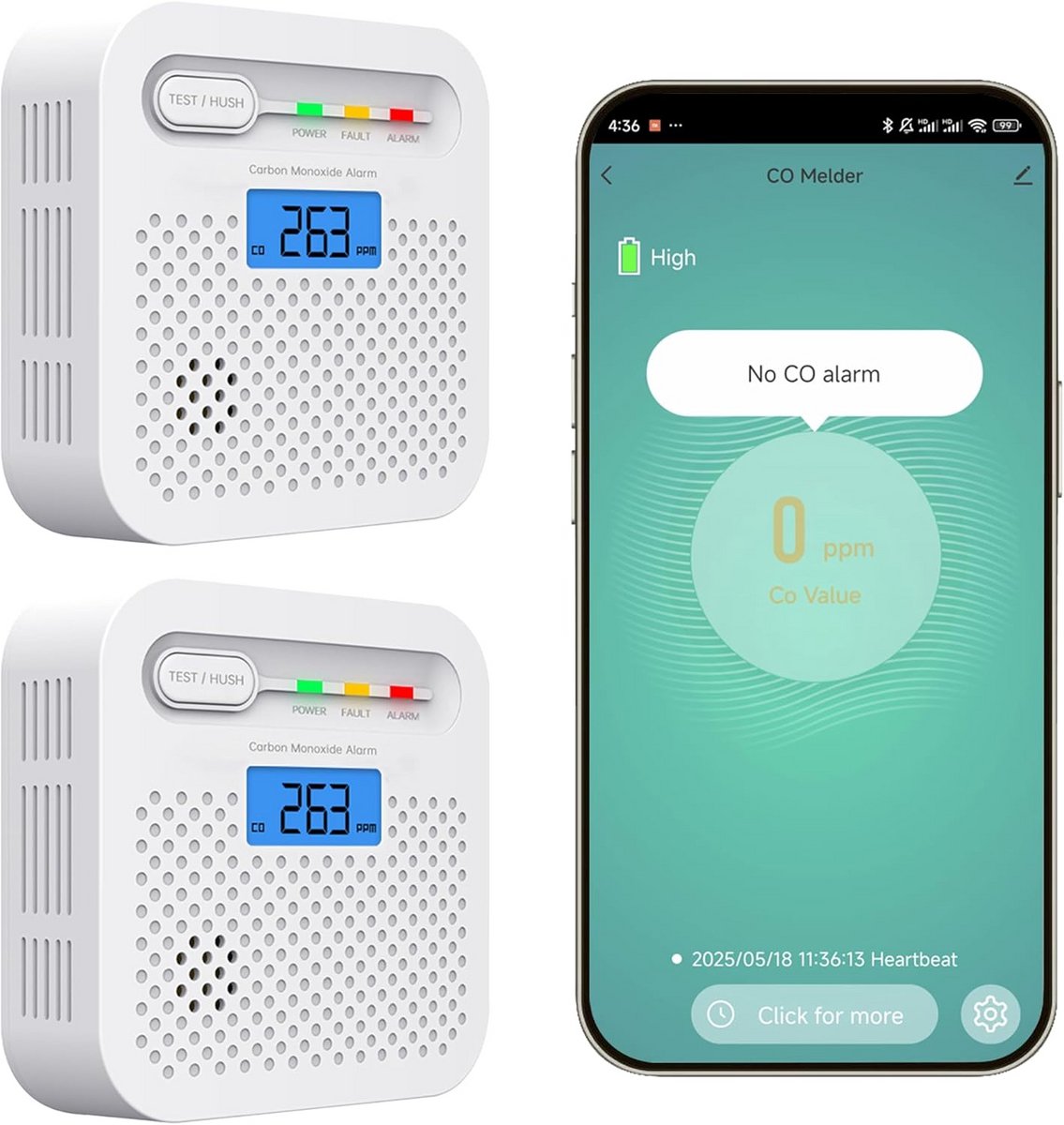 Koolmonoxide Melder met 10 Jaar Batterij en Sensor - EN 50291 Gecertificeerd - LCD Display