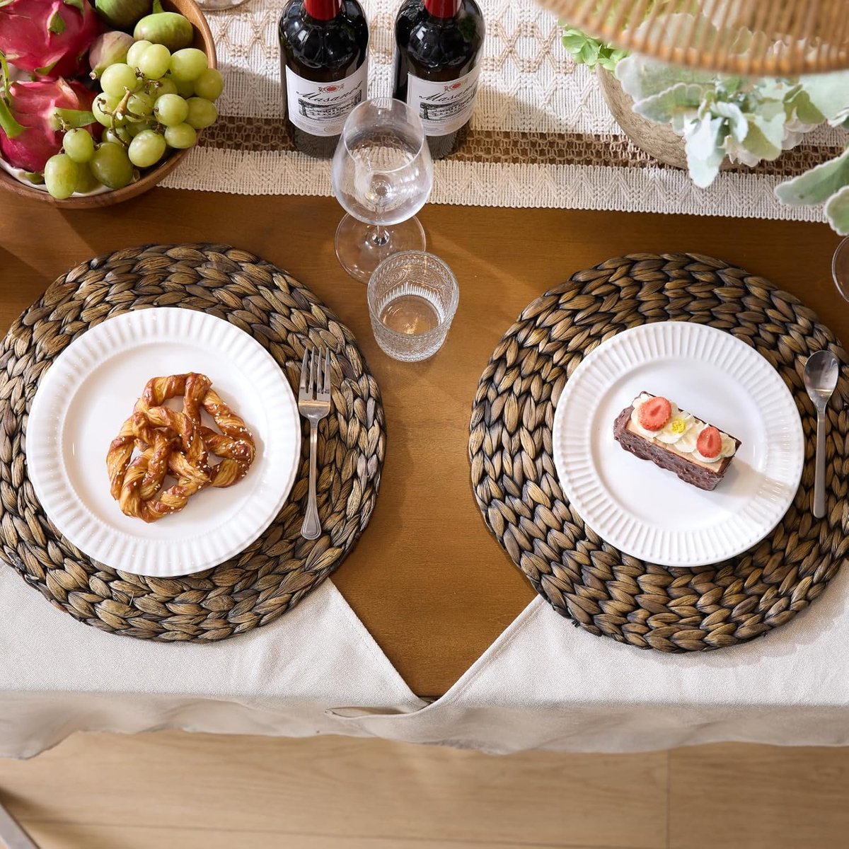 Candala, ronde geweven placemats, natuurlijk water hyacint rieten placemats, gevlochten stro tafelmatten voor eettafel, herfst, Halloween, Thanksgiving, chrismatten, zwart (35 cm)