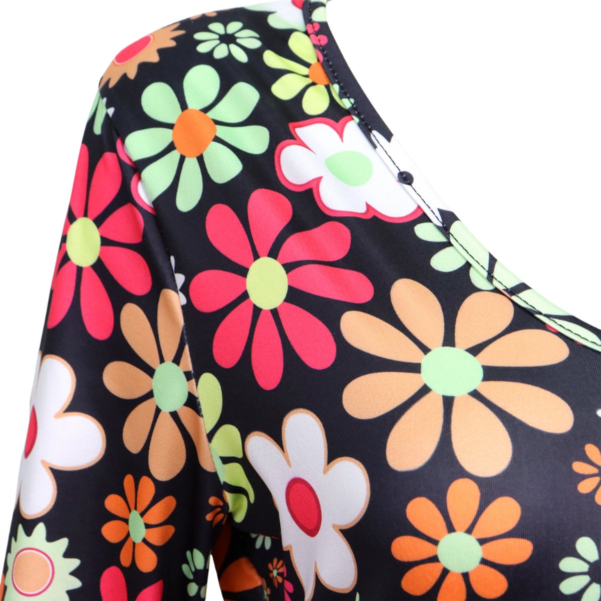 Joya Party® Hippie Verkleedjurk Dames Zwart met Bloemen print | Jaren Flower Power Kostuum | Inclusief Haarband | Verkleedkleding Bloemen Volwassenen | Stretch Stof | Carnaval / Themafeest | — afbeelding 9