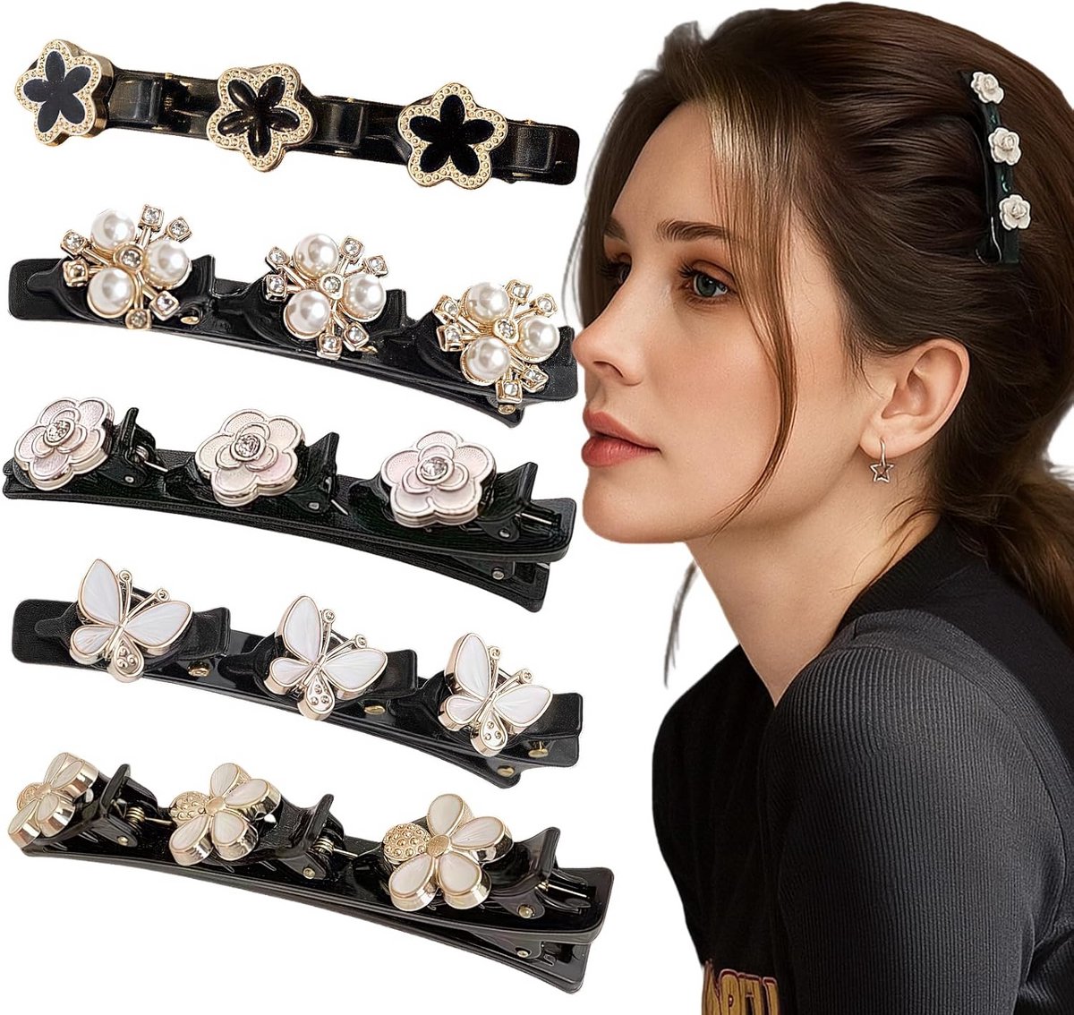 5x Dubbellaagse Haarclips met Bloem- en Vlinderdesign - Elegante Haaraccessoires