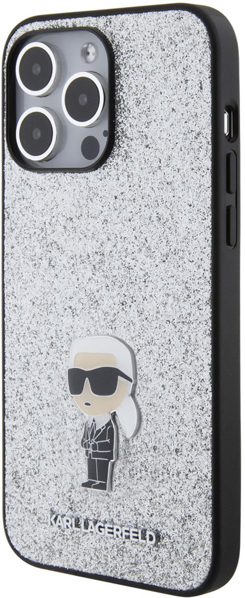 Karl Lagerfeld iPhone 15 Pro Max Back cover case - Fixed Glitter - Ikonik K Logo - Silver