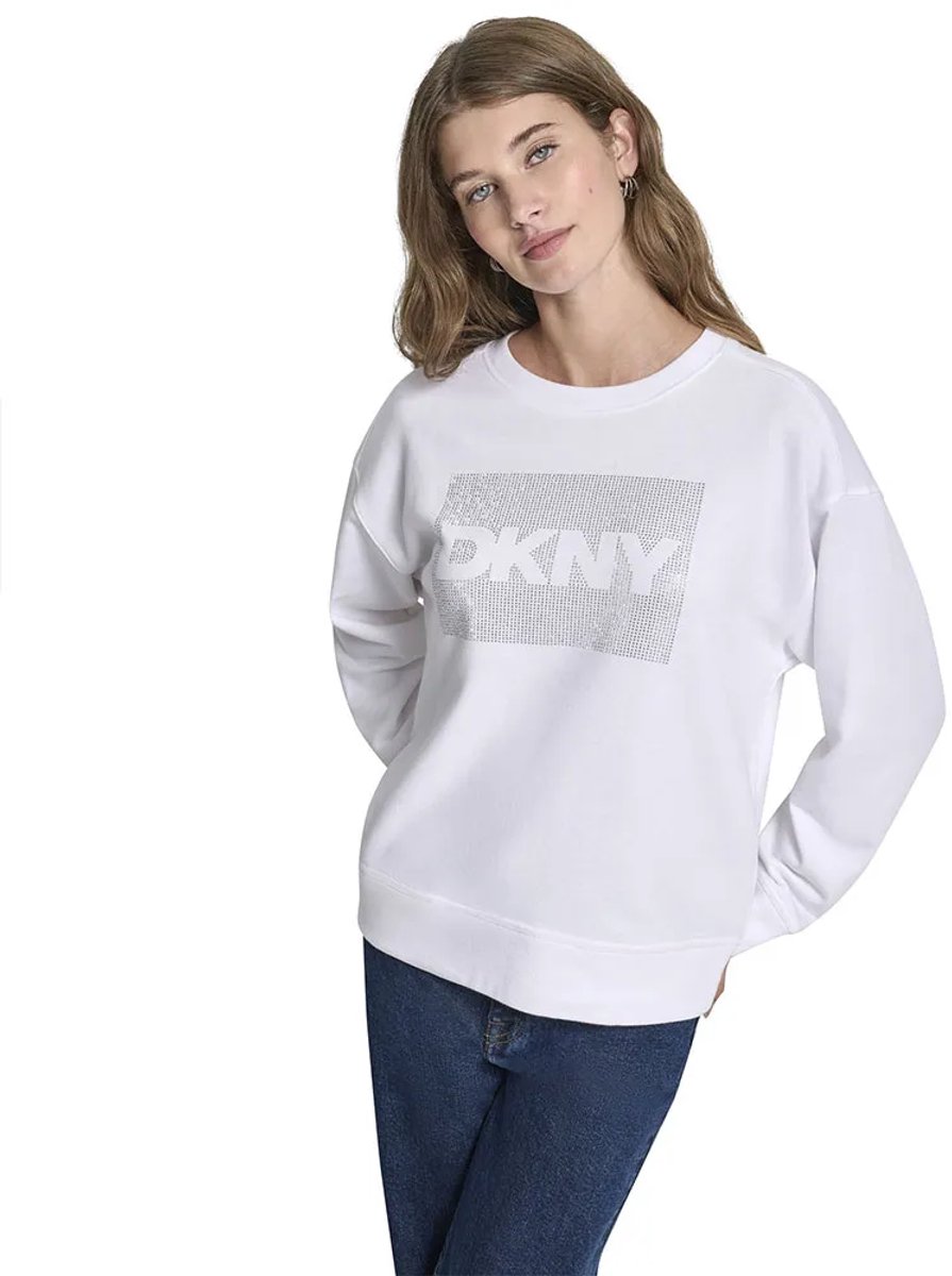 Dkny Rhinestone Logo Boxy Fit Sweatshirt Wit M Vrouw