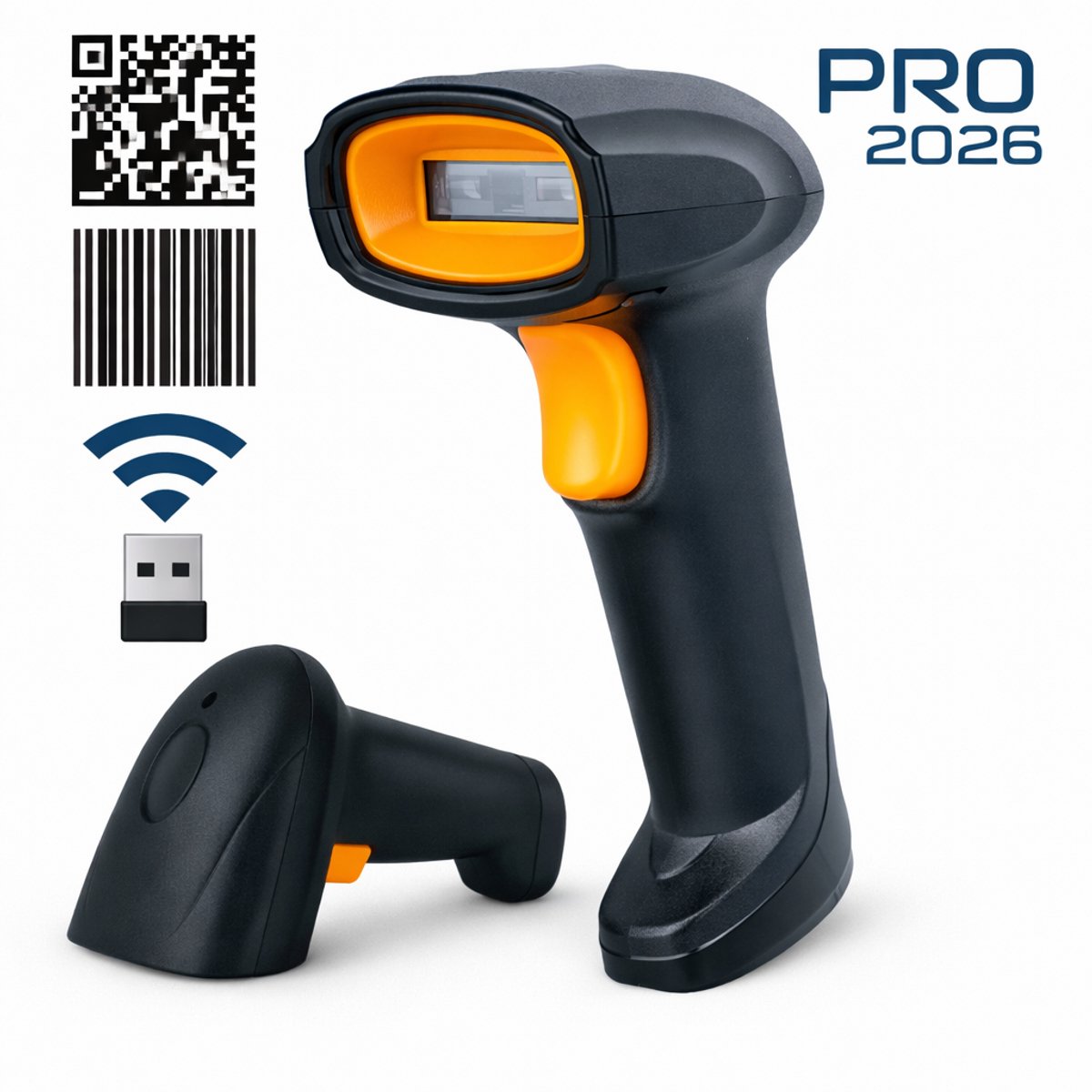 Barcode Scanner - Draadloos - Handscanner voor 1D & 2D Barcodes en QR Codes - Plug & Play - Scannen van Papier en van Beeldscherm - Draadloos voor telefoon - Bluetooth