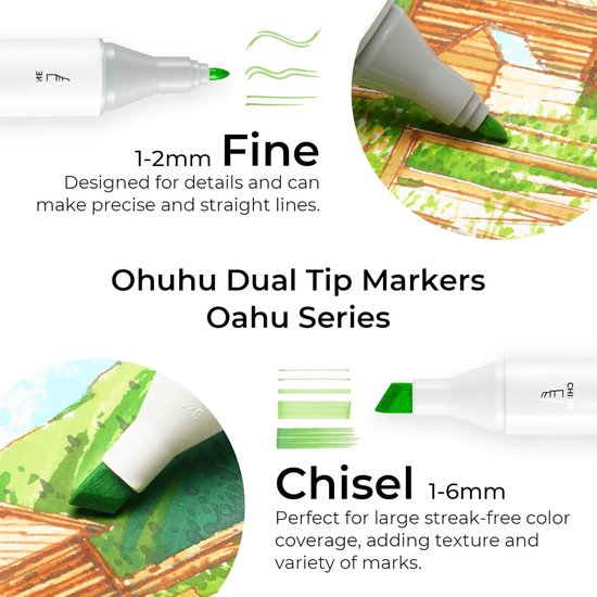 Close-up van Ohuhu markers, die de fijne en beitelpunten tonen met voorbeelden van streken.