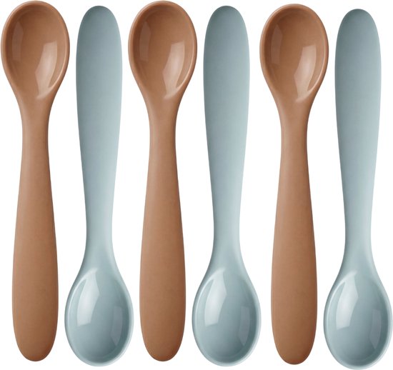 Funnies Kinder Couverts Cuillères 6 Pièces - Couverts Bébé en Silicone - Caramel & Stone Green - Ensemble de Couverts Bébé à Bec Doux - Sans BPA Sûr - Idéal pour Manger & Bouchées - 6 Pièces Cuillère First Feeding - Cuillères pour Enfants