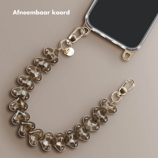 Afneembaar koord met bruine hartjes en goudkleurige clips, bevestigd aan een telefoonhoesje.