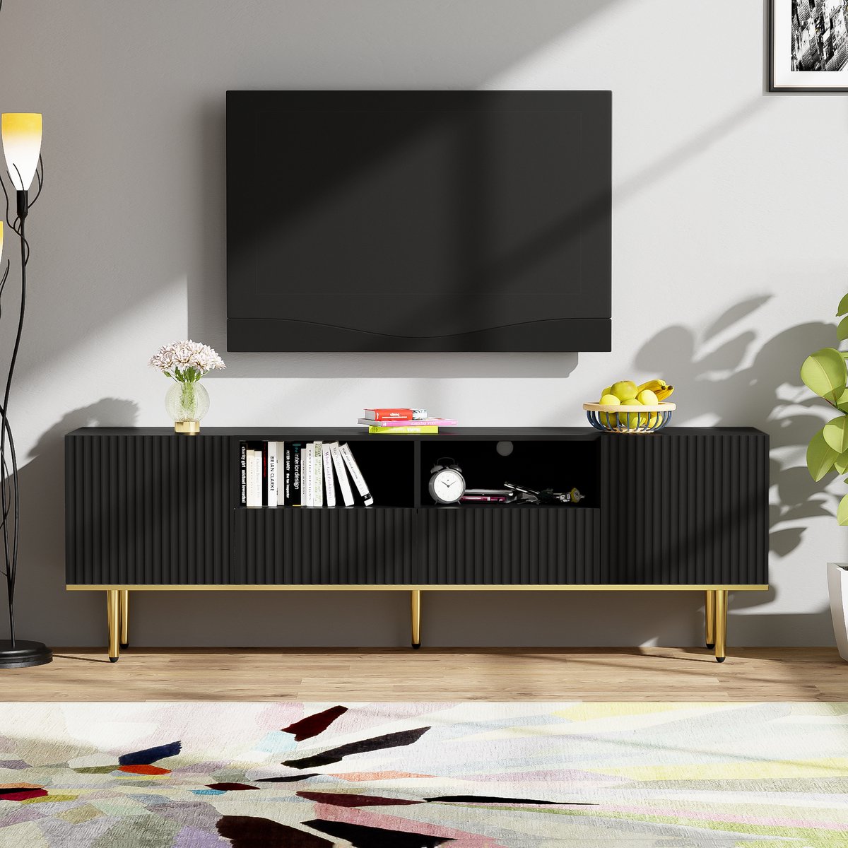 Wishdor Tv-Meubel - Met 2 Vakken En 2 Lades - Greeploos One-Click-Open - Spaanplaat - Zwart Met Goud - 165 X 36 X 55 Cm