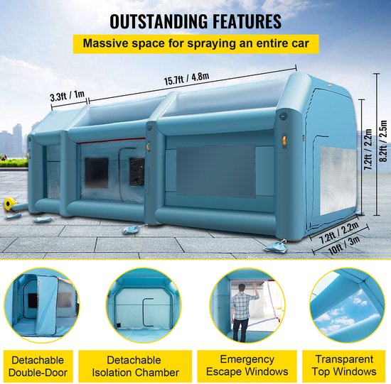 VEVOR Opblaasbare Spuitcabine 6x3x2,5M Werktent Blauw Lakcabine van 210d Oxford-Stof en Pvc met Inflatieventilator en Ventilatieventilator voor Het Schilderen van Auto'S, Kamperen In De Buitenlucht van Merkloos — afbeelding 3
