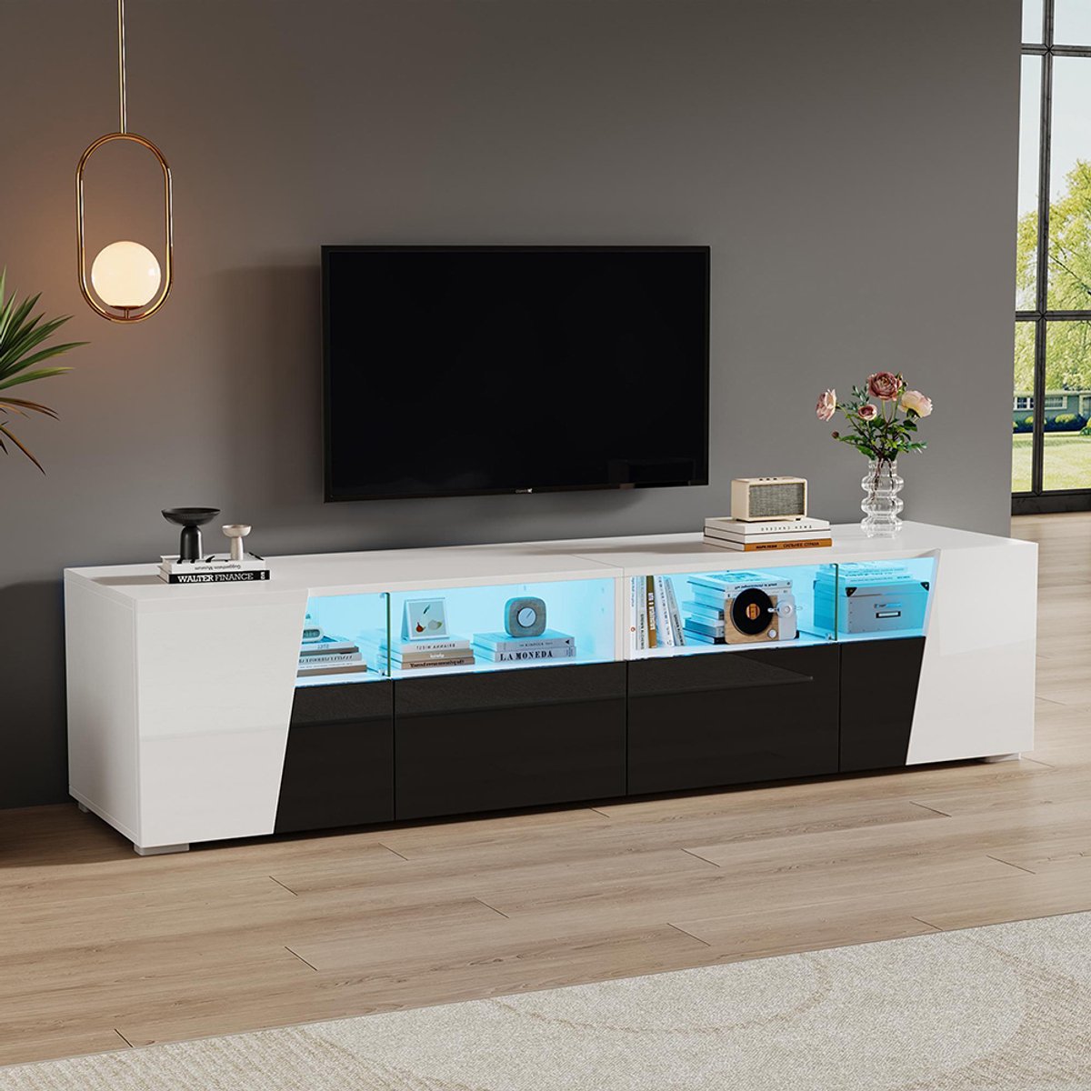 KOMHTOM Glanzend tv-meubel 180*38,5*45 cm, tv-meubel met ledverlichting, laag meubel, tv-tafel, tv-meubel, tv-kommode, 2 lades, 2 kasten, open opbergvakken, voor tv's tot 80 inch, wit + zwart Wit+zwart