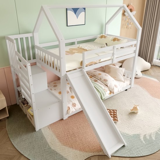 Stapelbed voor kinderen en jongeren, kinderbed met glijbaan, massief houten frame, eenvoudige montage, 90x200cm (wit
