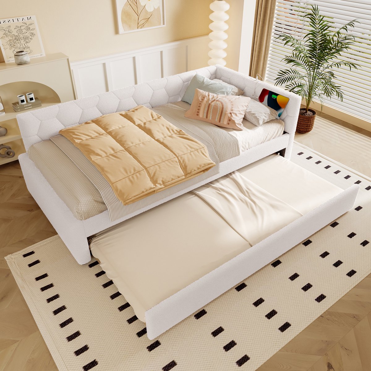 HAUSS SPOLE Gestoffeerd Bed 90x200cm - Uitrolbed Met Uittrekfunctie - USB En Type-C - Met Nachtlampje Voor Kinderkamer - Vliesimitatie - Wit - Zonder matras