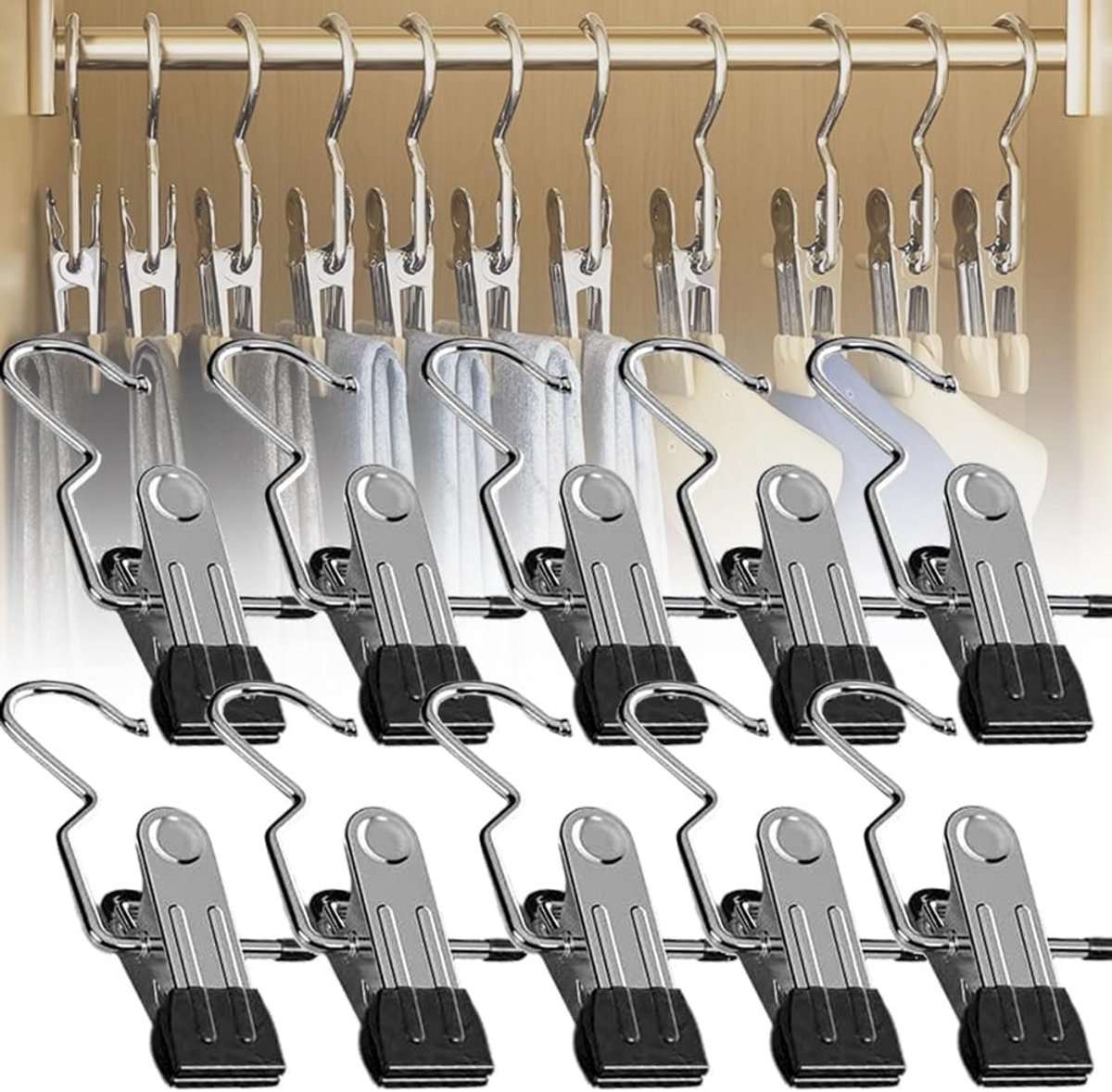 Ruimtebesparende wasknijpers met haak – roestvrij metaal voor kleding, hoeden en broeken – wasdroger en kast hangers in zwart