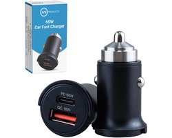Autolader 60W USB C & USB A – Auto oplader – 2 poorten – Snellader – Sigarettenaansteker oplader – Zwart