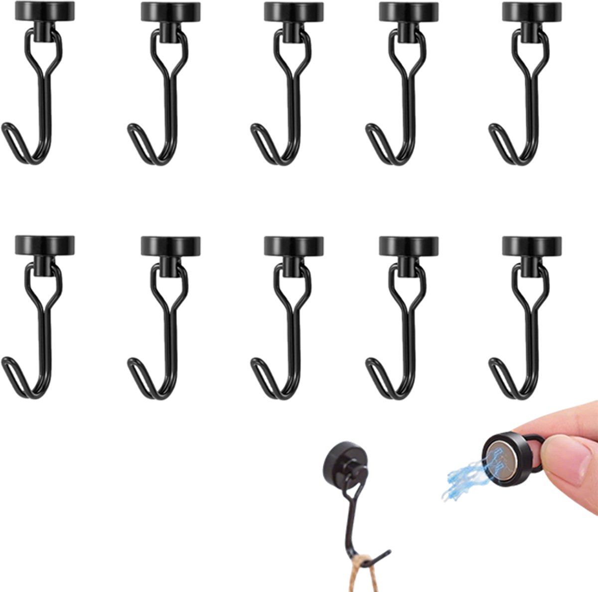 10-stuks Magnetische haken - Haken - Sterke magnetische haken - Hoog draagvermogen - Draaibaar - Boren niet nodig - Geschikt voor koelkasten, grills, wasmachines en het ophangen van keukengerei - Zwart