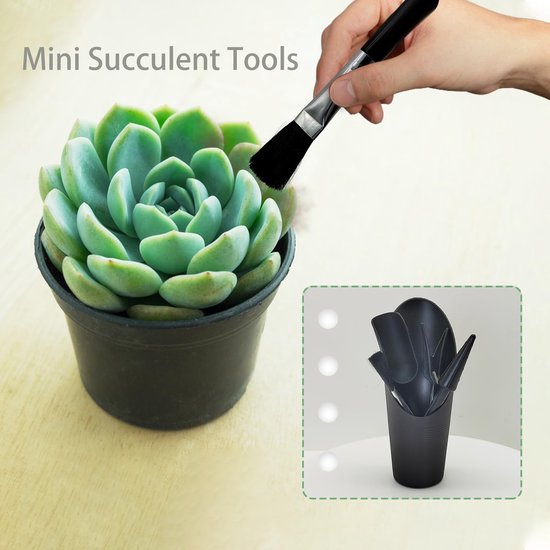5-delige Succulent Planting Tool Set - Gardening Tool Kit - Mini Gardening Tools - Plant Care - Includes shovel, cleaning brush, seedling lifter, hole punch, and soil bucket - Suitable for indoor planting, digging, and cultivation - Black van Ontariio — afbeelding 4