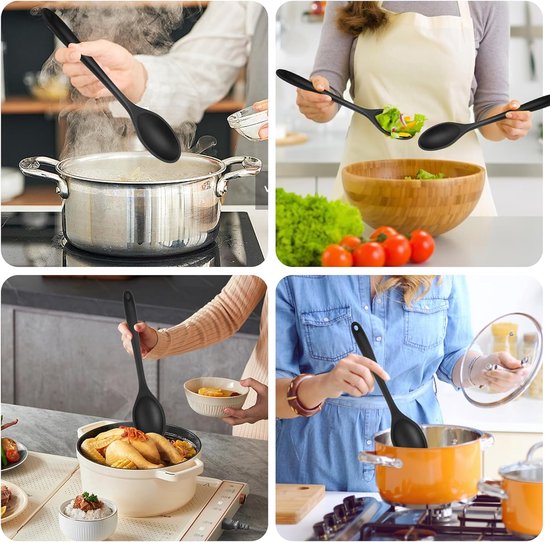 3 Pièces Cuillères en Silicone Cuisine, Grandes Cuillères de Cuisine en Silicone 27 cm, Cuillère Silicone Cuisine, Cuillère à Mélanger en Silicone, Cuillère de Service Silicone Antiadhésives (noir