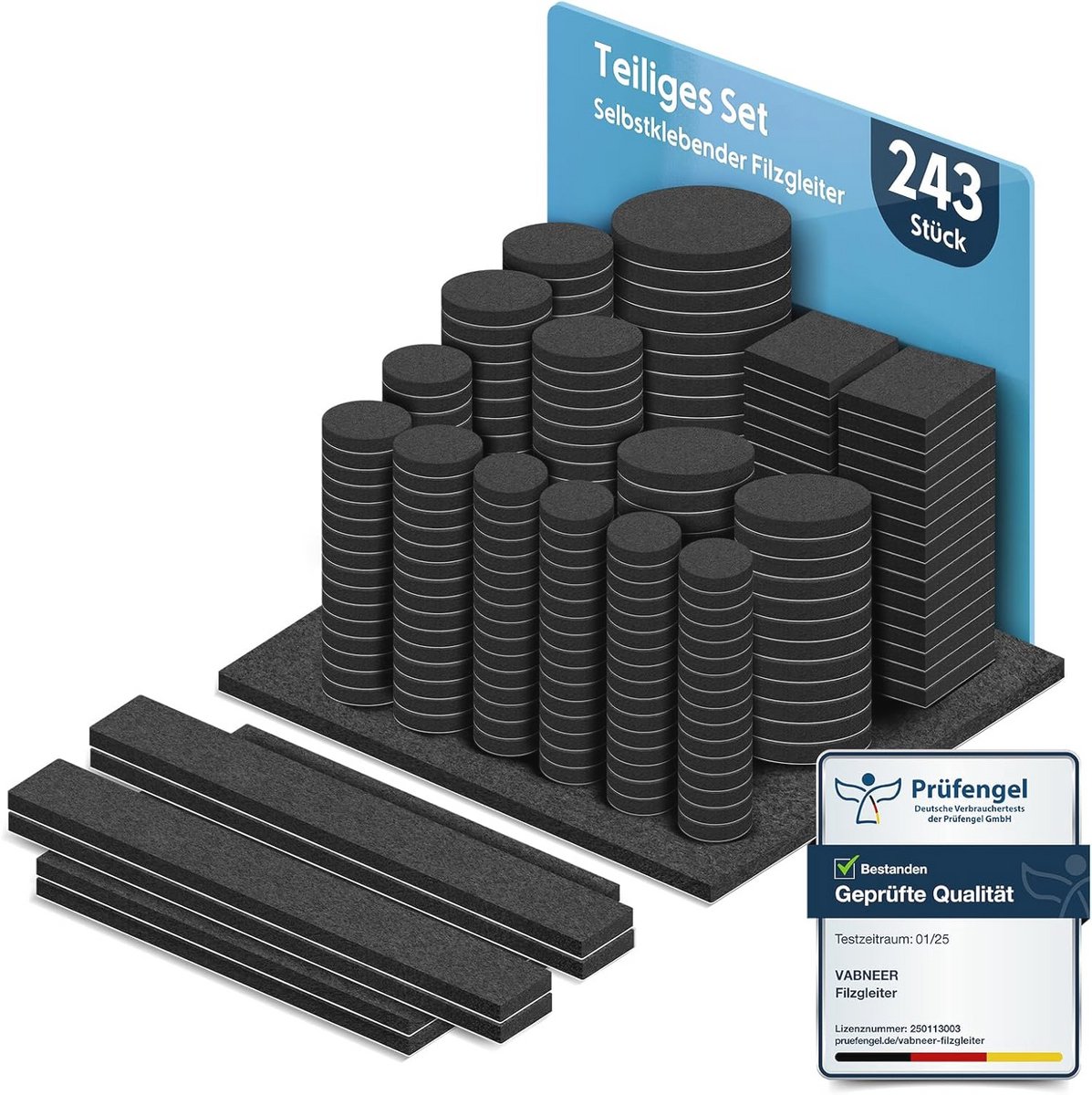 Zelself adhesive felt pads, 243 pieces, 5 mm thick floor protectors for chairs, round and square in various sizes, scratch protection and soundproofing