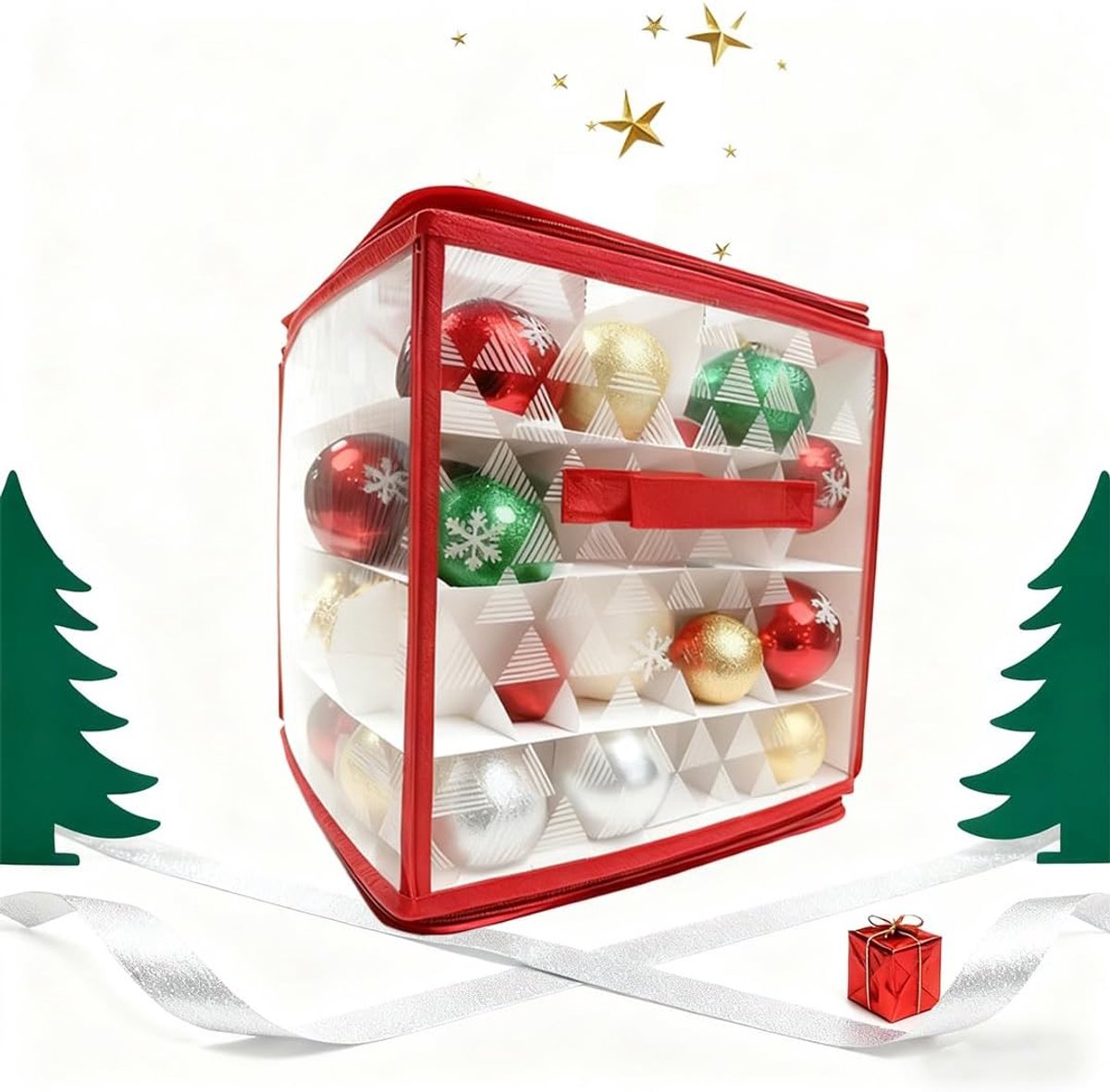 Famanu - Opbergbox voor kerstballen, opbergdoos voor kerstballen, opbergdoos voor kerstballen met handvat, kerstboomballen bewaren met deksel (B, 64)