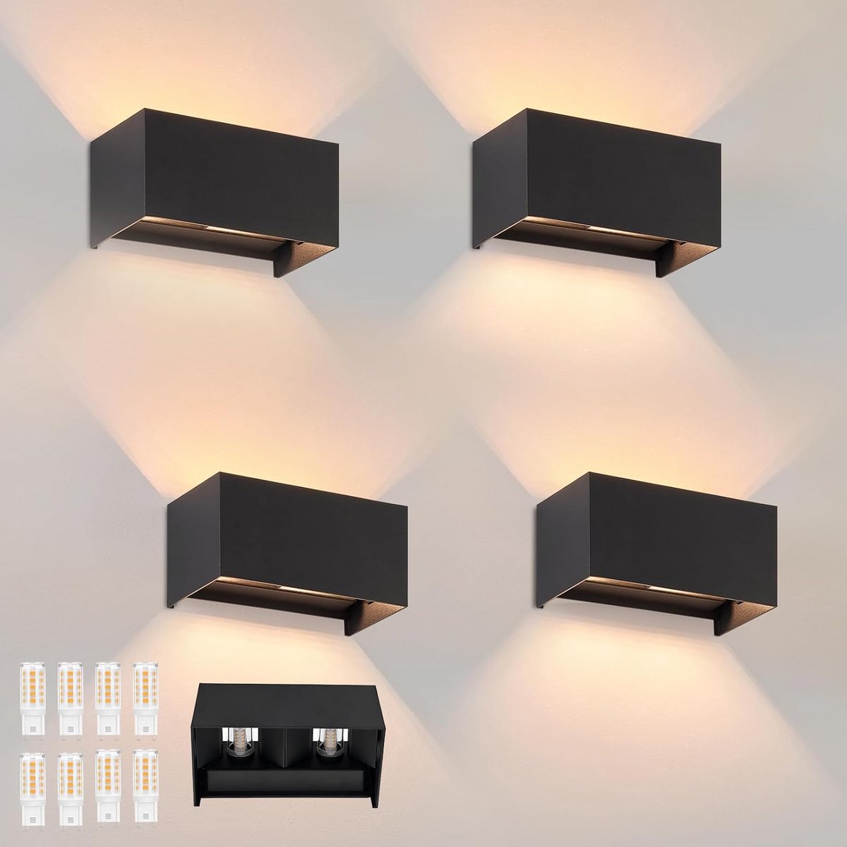 Set van 4 Moderne LED Buitenwandlampen Zwart IP65 - 3000K Warm Wit Licht voor Buiten en Binnen