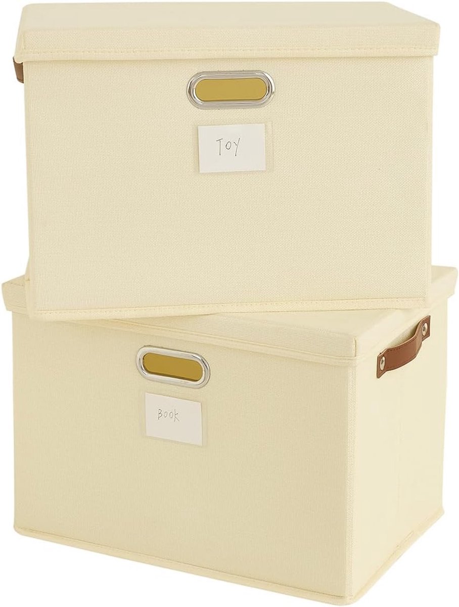 Famanu – Set van 2 grote stoffen opbergmanden met deksel stapelbaar beige