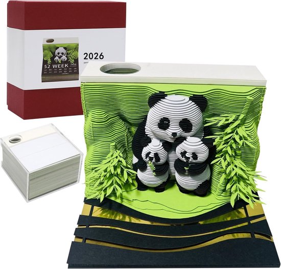 3D Papier Sculptuur Panda Bureaukalender 2026 Met Notitieblok En Creatief Ontwerp