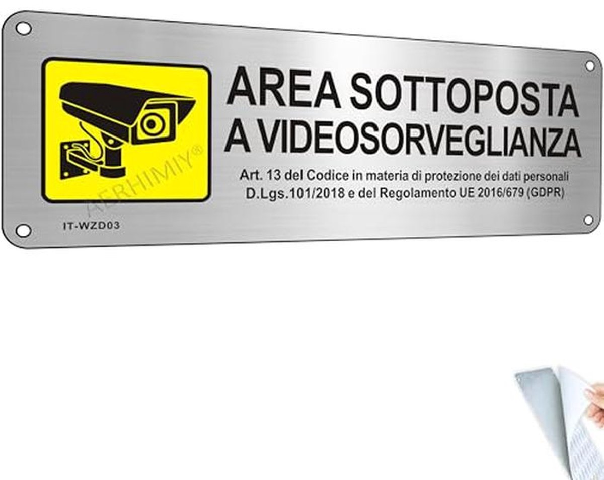 Videobewakingsbord van geborsteld aluminium - 25 x 9 cm, zelfklevend en waterdicht