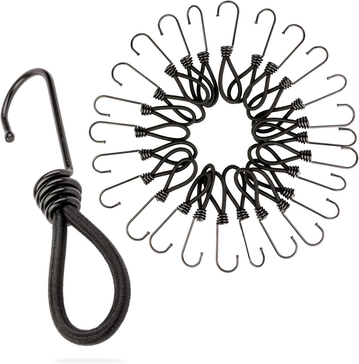 Set van 25 Zwarte Spanbanden met Haken - Universele Bungee Koorden voor Kamperen, Bagage en Zeilen
