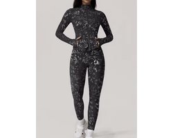 Shimmer Gym Set - Maat XL - Zwart - 3-delige set: Bra top, Jacket + Highwaisted Legging - Black - Seamless Sportset Dames