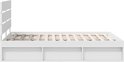 Wit bedframe met lattenbodem, opbergvakken en zij-aanzicht van het hoofdeinde.