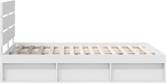 Wit bedframe met lattenbodem, opbergvakken en zij-aanzicht van het hoofdeinde.
