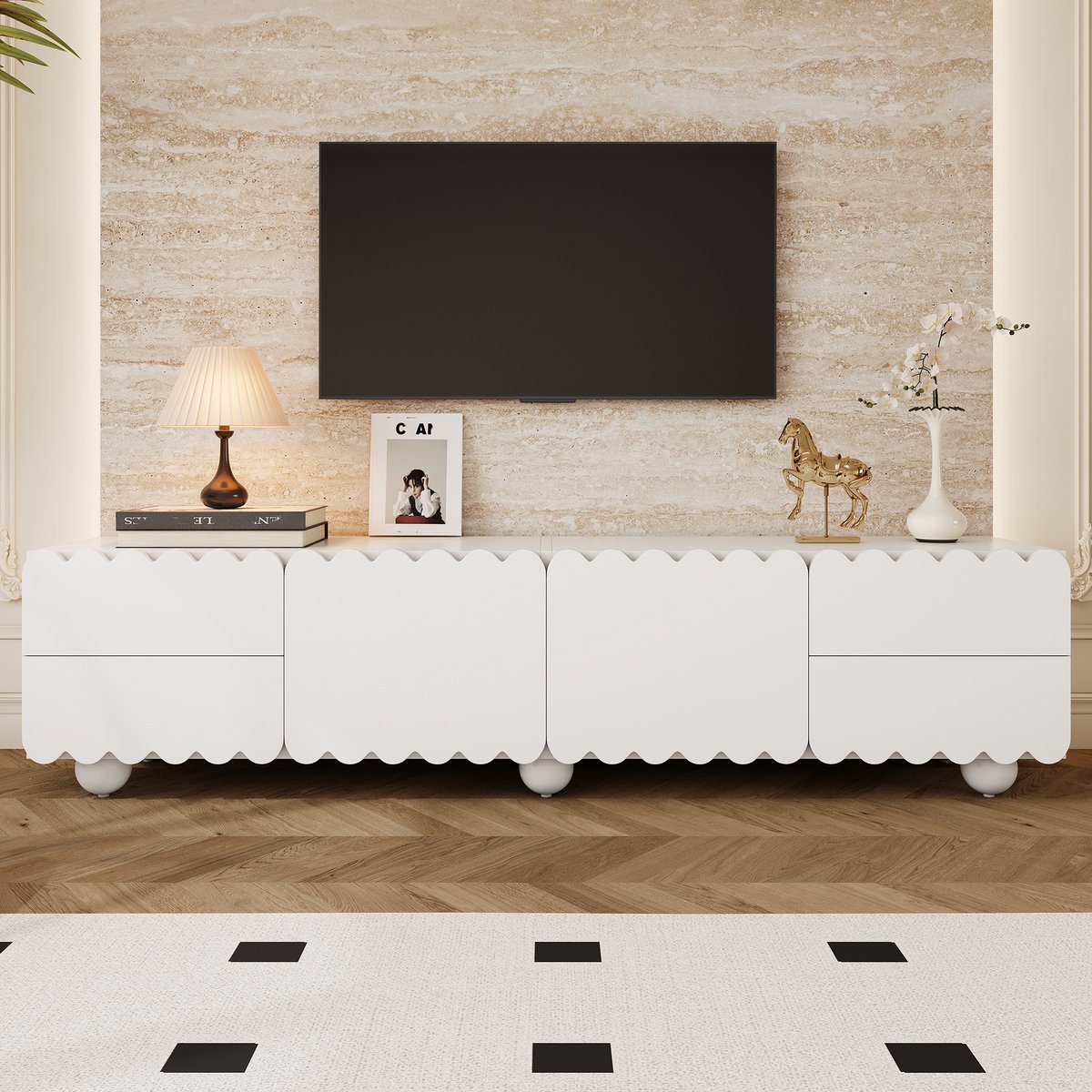 MODFU TV-meubel 175x38x37 cm van MDF en spaanplaat, modern en minimalistisch ontwerp met opbergruimte Wit