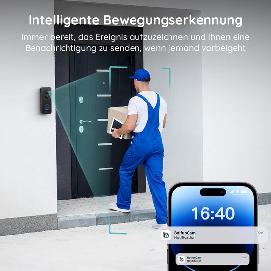 BOIFUN J7 Slimme Video Deurbel met Camera - Video Doorbell - MP Ultra HD - Wifi deurbel - Nachtzicht - Draadloos/Batterij - Live videogesprek, 24/7 opname, Mens- en bewegingsdetectie - Zwart van Merkloos — afbeelding 2