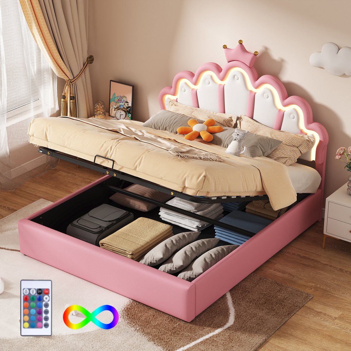 STILVORA Gestoffeerd Bed 140x200 cm – Tweepersoonsbed Met Kroonhoofdeinde – LED-Sfeerverlichting & Hydraulische Opbergruimte – PU – Roze – Zonder Matras