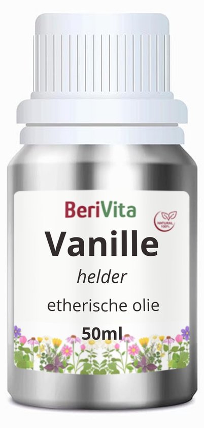 Metalen flesje BeriVita met witte dop, met etiket: "Vanille helder etherische olie 50ml".