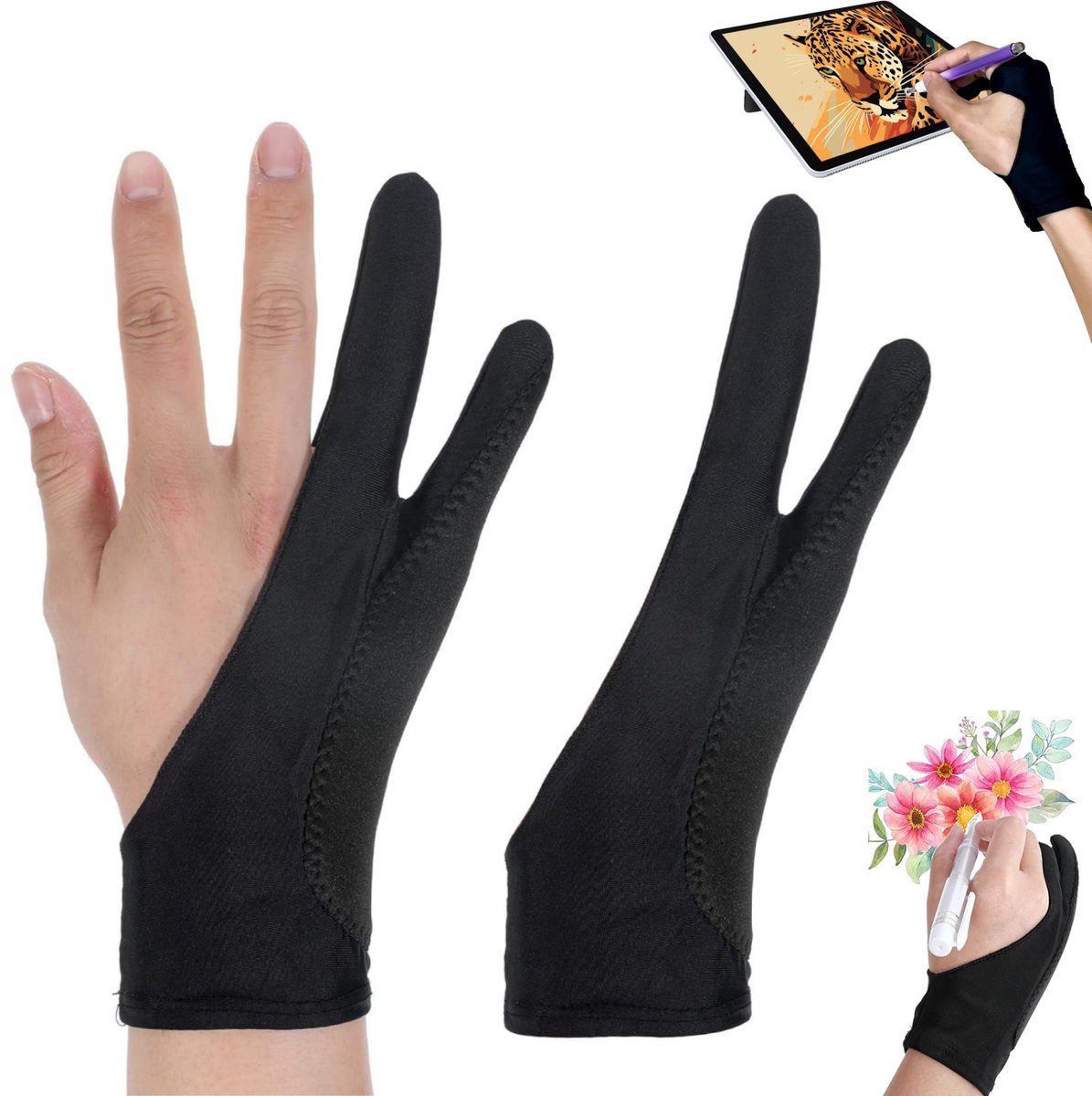 2 tekenhandschoen - tweevingerige digitale tekenhandschoen - 2-laags palmafwijzing - tweevingerige kunstenaarshandschoenen - geschikt voor linker- en rechterhand - voor tekenen, tablet, schetsen, papier - zwart (19.5 x 8 cm)
