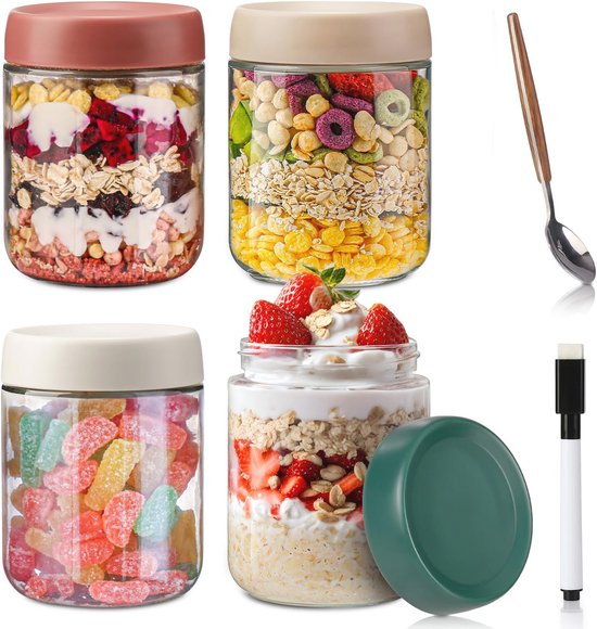 HEFTMAN Overnight Oats Potten met Deksels - 4 Pack 500ml Luchtdichte Overnight Oats Pot, Voedselveilig Glas, Kleurrijke Schroefdeksel Ontbijtpotten met Deksels voor Yoghurt, Chia Zaad Pudding - 16.9oz HEFTMAN Overnight Oats Potten met Deksels - 4 Pack 500ml Luchtdichte Overnight Oats Pot, Voedselveilig Glas, Kleurrijke Schroefdeksel Ontbijtpotten met Deksels voor Yoghurt, Chia Zaad Pudding - 16.9oz