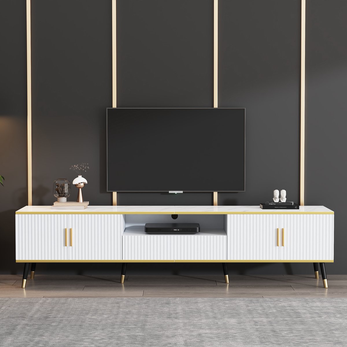 MODFU TV-meubel 200x40x46 cm van spaanplaat in marmerlook, wit, met deuren en lade, kabeldoorvoer