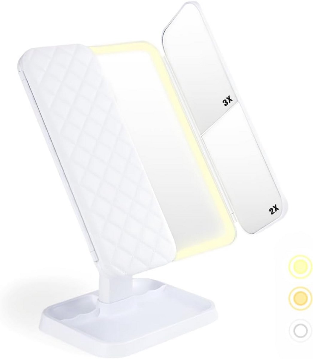 Make-upspiegel met 3 kleuren LED-verlichting en verstelbare vergroting
