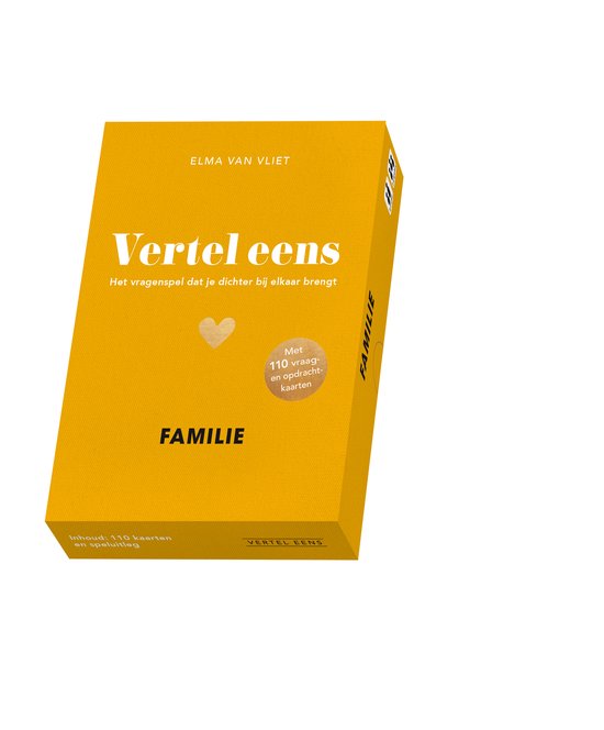 Gele doos met 'Vertel eens - Familie' en een hartje. Bevat 110 vragen- en opdrachtkaarten.