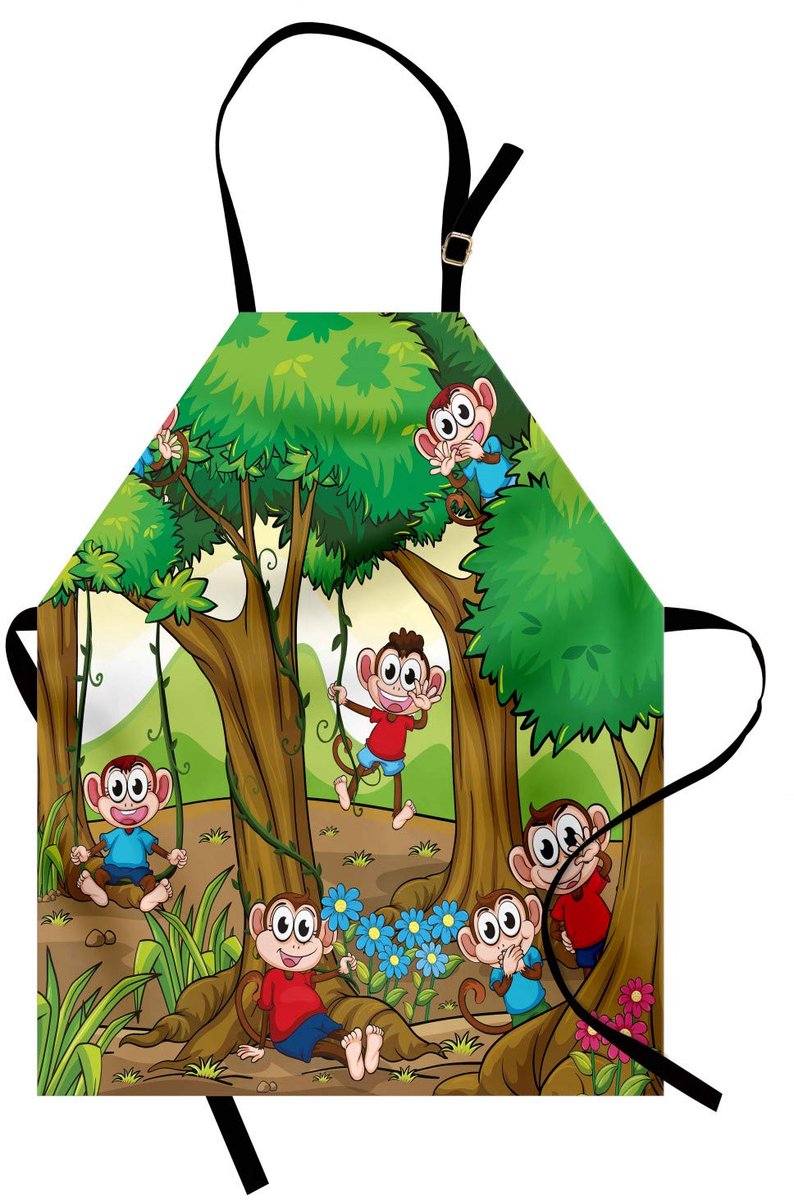 ABAKUHAUS Kleuter kookschort, apen voor kinderen die in een exotisch bos met grote bomen en madeliefjes spelen, veelkleurig, in hoogte verstelbaar, wasbaar, duidelijke digitale print