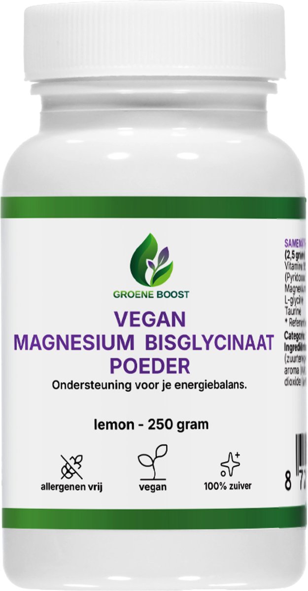 Groene Boost Magnesium Bisglycinaat Poeder Citroen Supplement – 250 Gram – Magnesium Bisglycinaat Vegan
