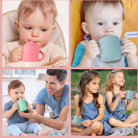 2 Stuks - Siliconen Drinkbeker Tuitbeker met Rietje - Kinder Oefenbeker met Oren - Open Beker - 180 ml - Blauw en Groen - BPA vrij — afbeelding 2