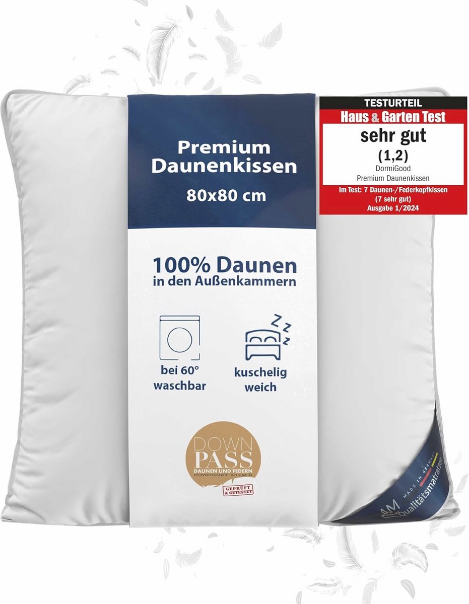 Premium Donskussen 80 x 80 cm - 100% Natuurlijk - 3 Compartimenten Hoofdkussen - Extra Zacht en Ademend Katoen