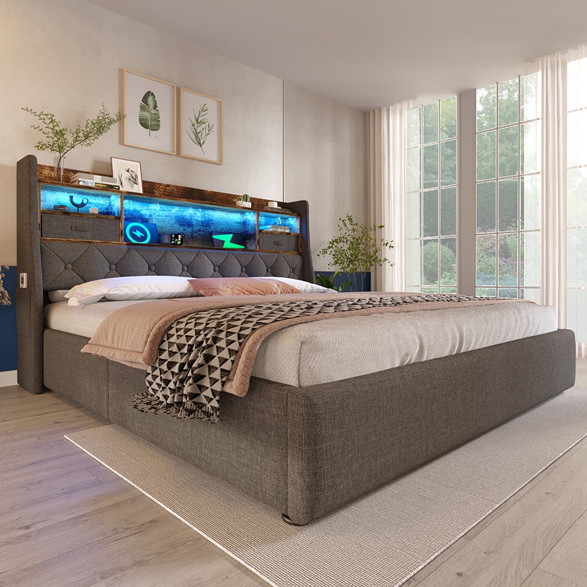YEHTOKHOME Gestoffeerd bed 140x200 cm met LED verlichting, USB C-type oplaadfunctie, Opslaghoofdsteun, Tweepersoonsbed met hydraulische opbergruimte, Opbergbed, Grijs Linnen (zonder matras)