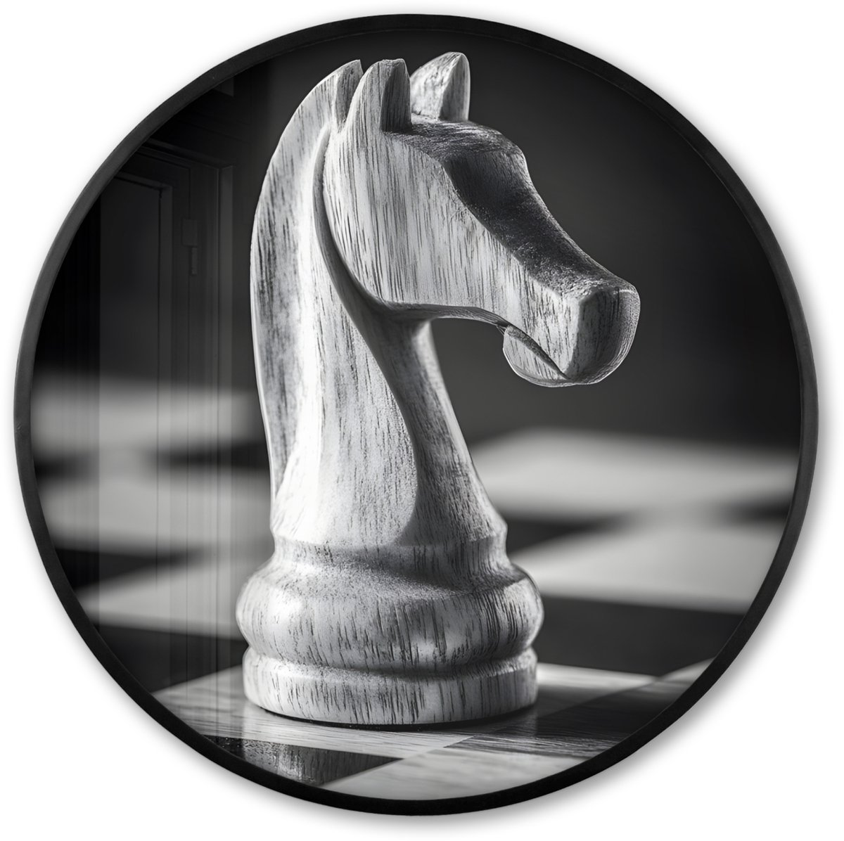 FrameYourWall Poster in lijst Rond - Fotolijst 60x60 cm - Posters - Paard - Hout - Schaalbord - Zwart - Ronde posterlijst zwart - Decoratie - Wanddecoratie woonkamer - Muurdecoratie slaapkamer Paard - Schaakbord